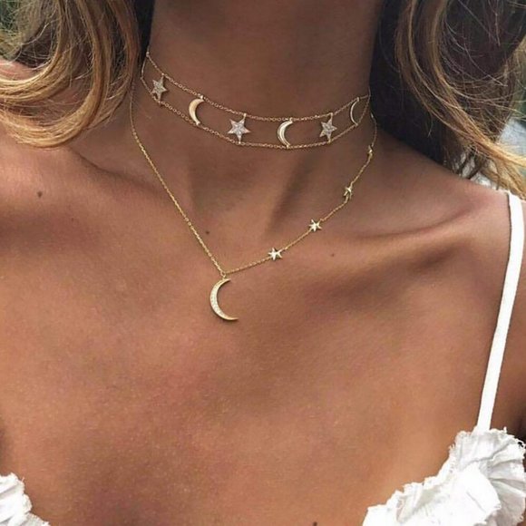 Gold Crescent Moon Star Choker Necklace - Picture 1 of 4
